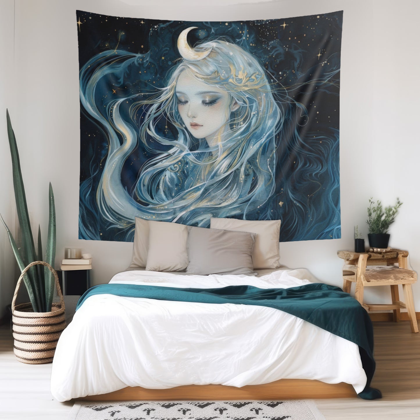 Selene's Moonlit Reverie Wall Tapestry, Goddess of the Moon Portrait, Celestial Night Elegance, Enigmatic Cosmic Decor Piece