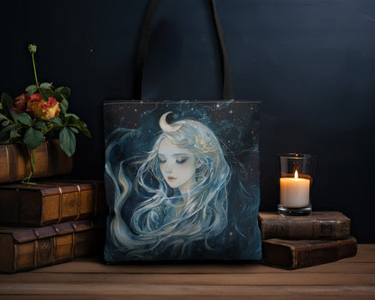 Selene's Moonlit Reverie Tote Bag, Dual-Sided Moon Goddess Design, Celestial Elegance, Ethereal Fashion Accessory