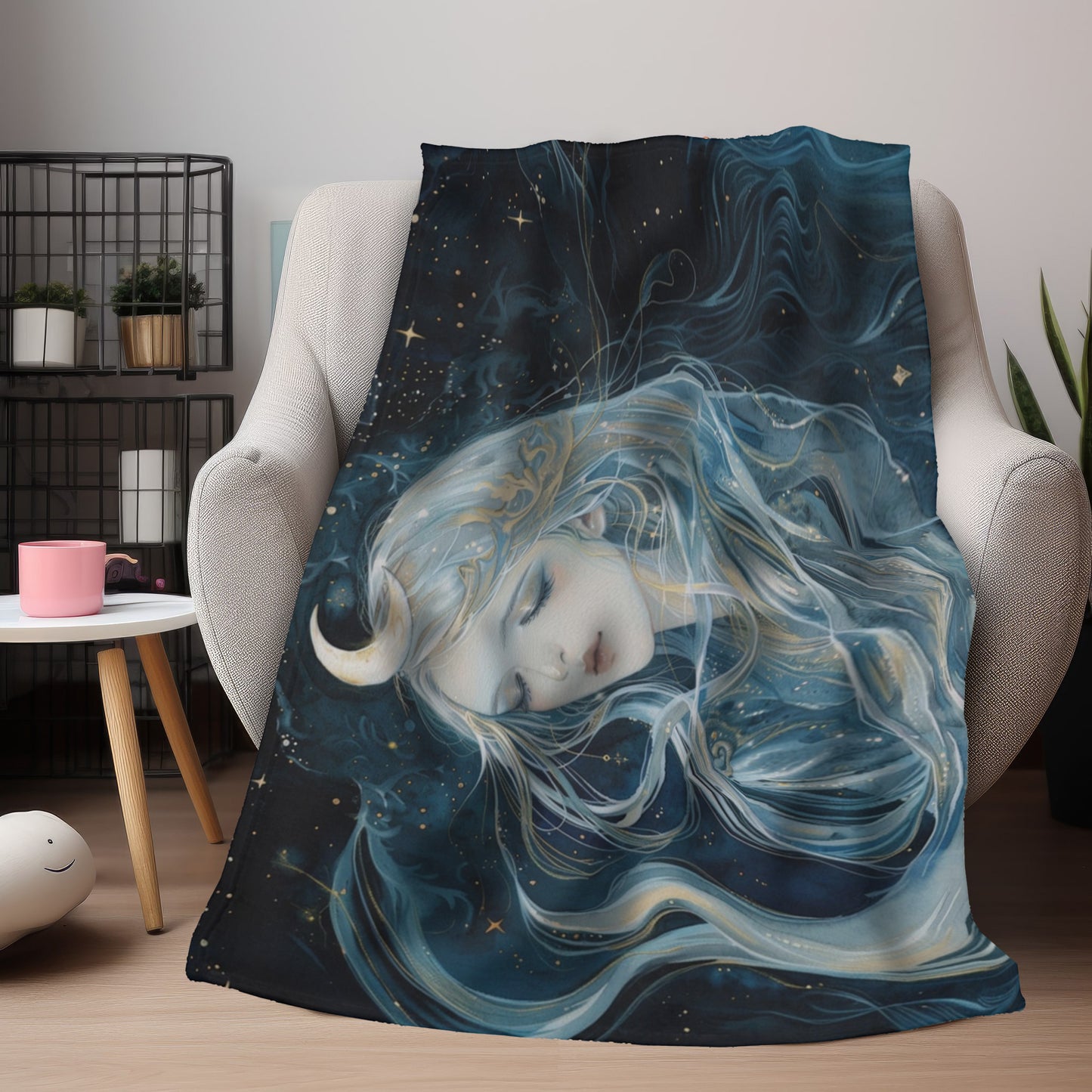 Selene's Moonlit Reverie Double-Sided Throw Blanket, Lunar Goddess Embrace, Celestial Elegance, Star-kissed Comfort