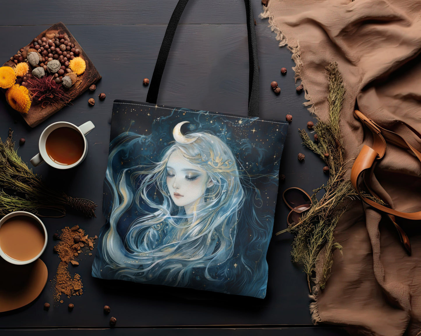 Selene's Moonlit Reverie Tote Bag, Dual-Sided Moon Goddess Design, Celestial Elegance, Ethereal Fashion Accessory