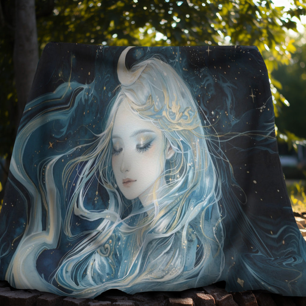 Selene's Moonlit Reverie Double-Sided Throw Blanket, Lunar Goddess Embrace, Celestial Elegance, Star-kissed Comfort