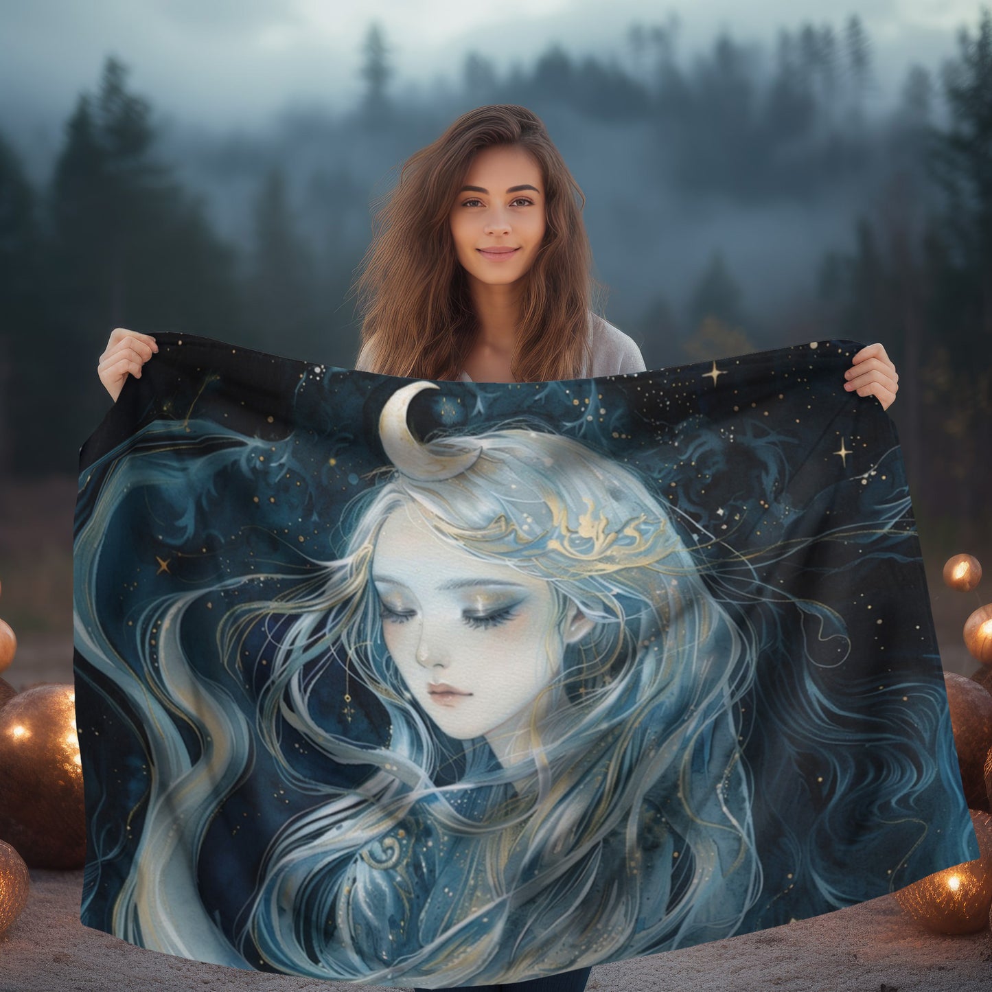 Selene's Moonlit Reverie Double-Sided Throw Blanket, Lunar Goddess Embrace, Celestial Elegance, Star-kissed Comfort