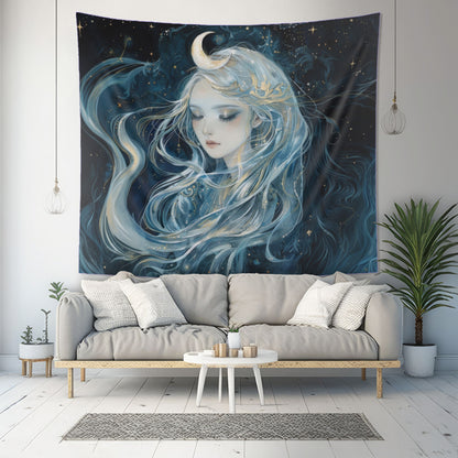 Selene's Moonlit Reverie Wall Tapestry, Goddess of the Moon Portrait, Celestial Night Elegance, Enigmatic Cosmic Decor Piece