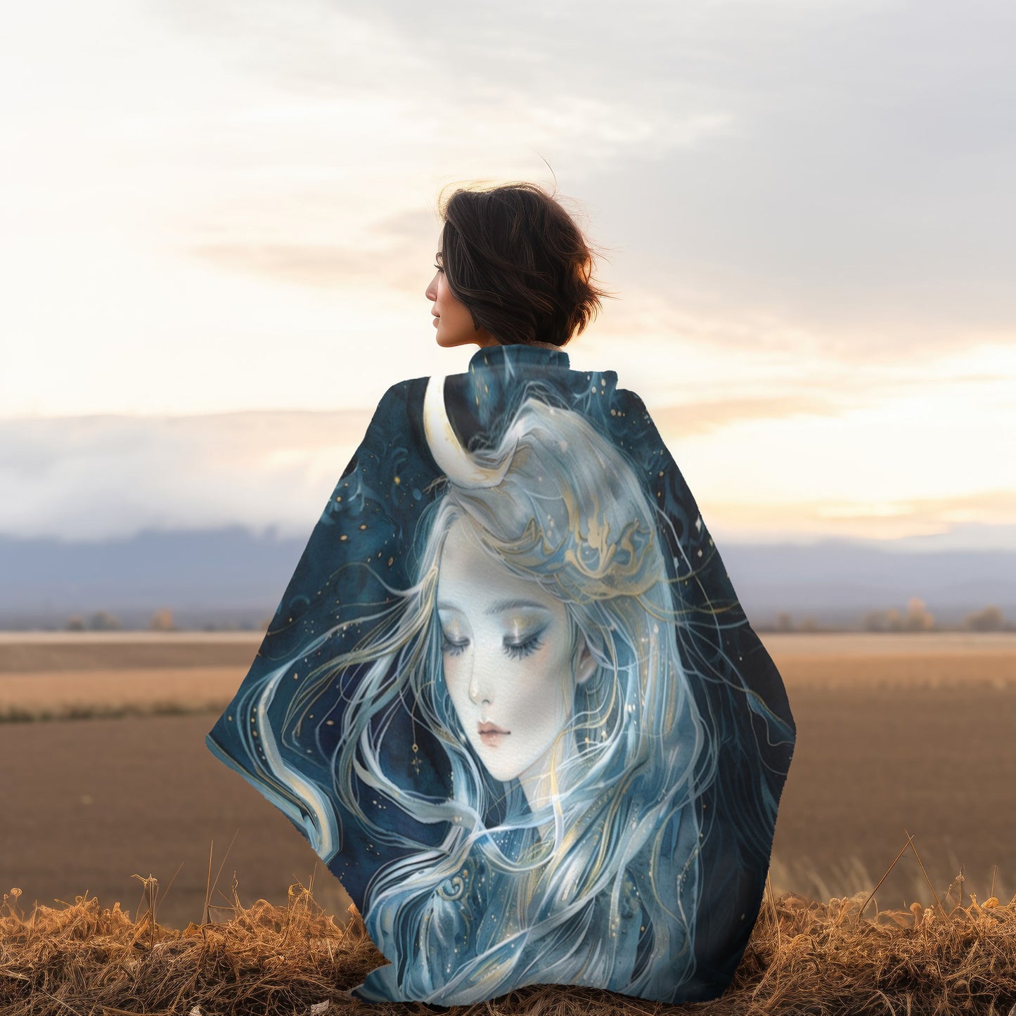 Selene's Moonlit Reverie Double-Sided Throw Blanket, Lunar Goddess Embrace, Celestial Elegance, Star-kissed Comfort