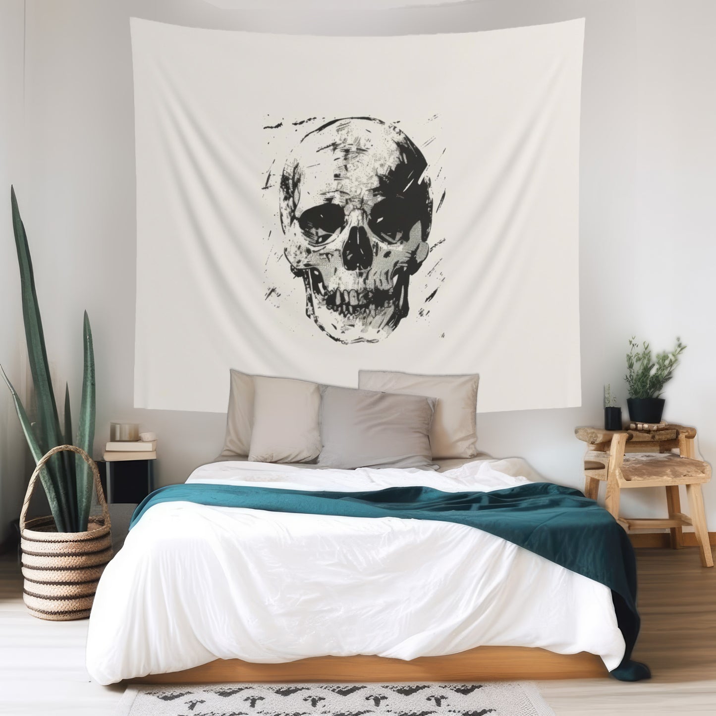 Grunge Skull Print Wall Tapestry, Monochrome Gothic Art Decor, Stylish Edgy Look for Bedroom, Dorm, or Living Room, Urban Chic Interior