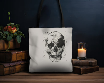 Grunge Skull Print Double Sided Tote Bag (3 Sizes), Monochrome Gothic Art Decor, Stylish Edgy Fashion, Black Handles, Minimalist Cryptic Aesthetic