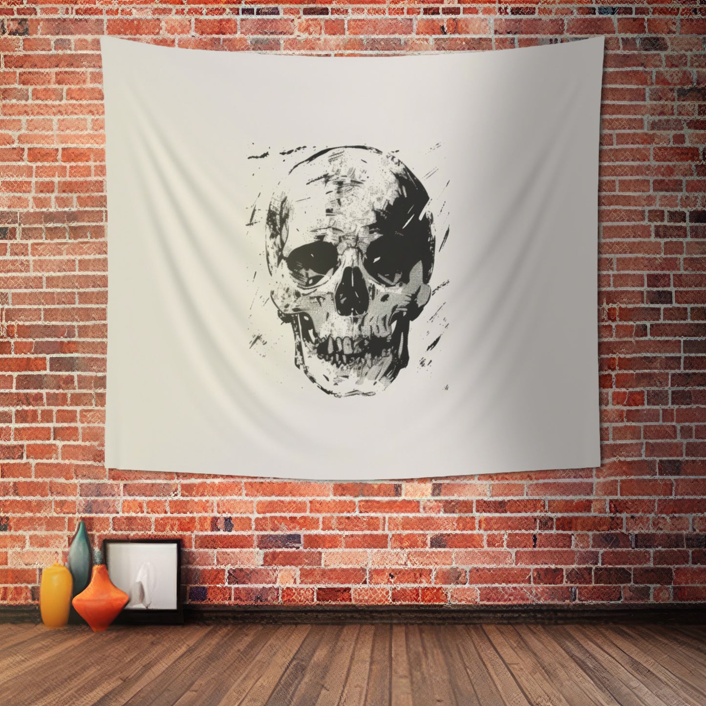 Grunge Skull Print Wall Tapestry, Monochrome Gothic Art Decor, Stylish Edgy Look for Bedroom, Dorm, or Living Room, Urban Chic Interior