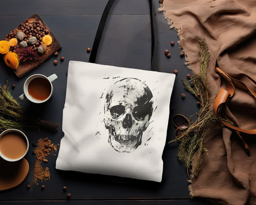 Grunge Skull Print Double Sided Tote Bag (3 Sizes), Monochrome Gothic Art Decor, Stylish Edgy Fashion, Black Handles, Minimalist Cryptic Aesthetic