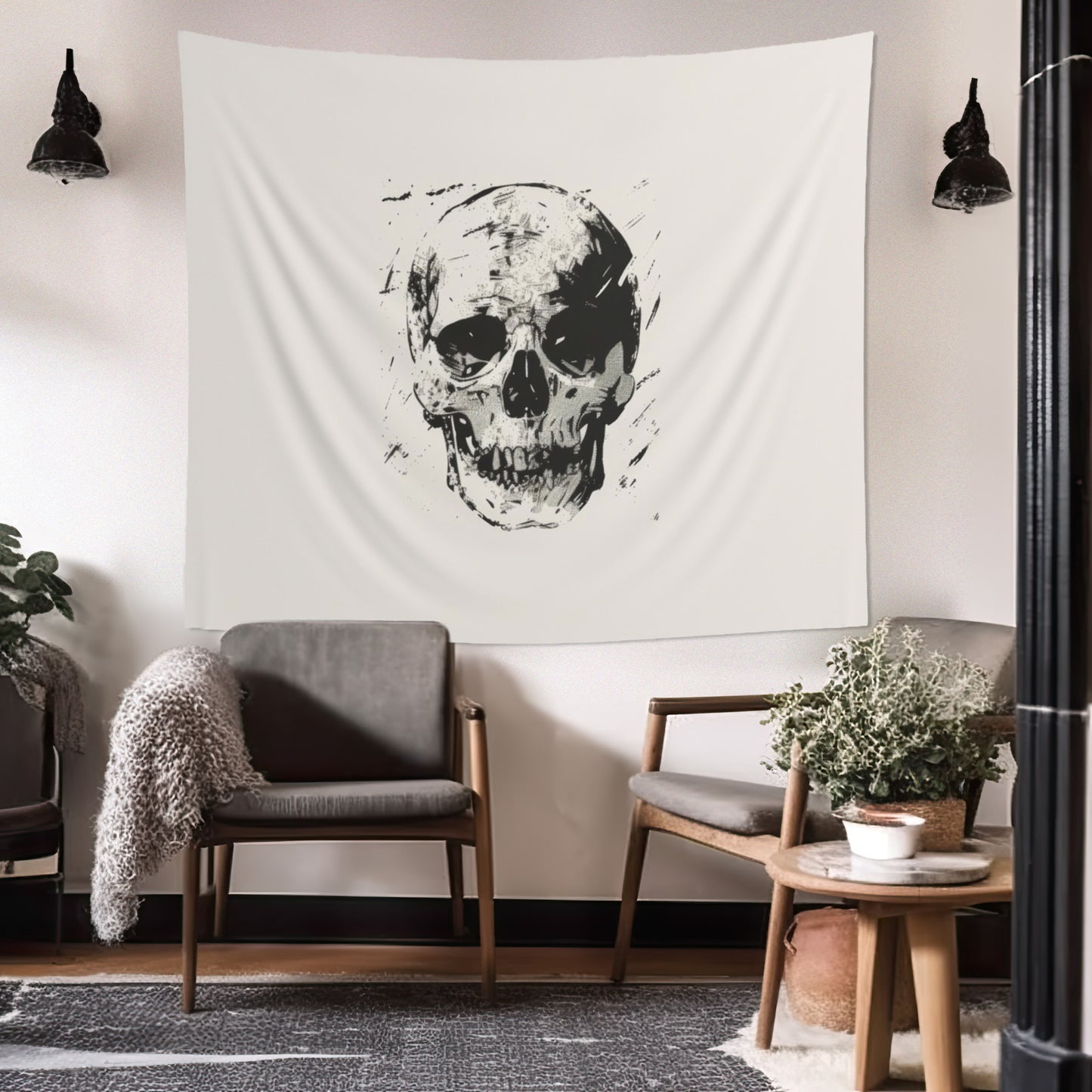 Grunge Skull Print Wall Tapestry, Monochrome Gothic Art Decor, Stylish Edgy Look for Bedroom, Dorm, or Living Room, Urban Chic Interior