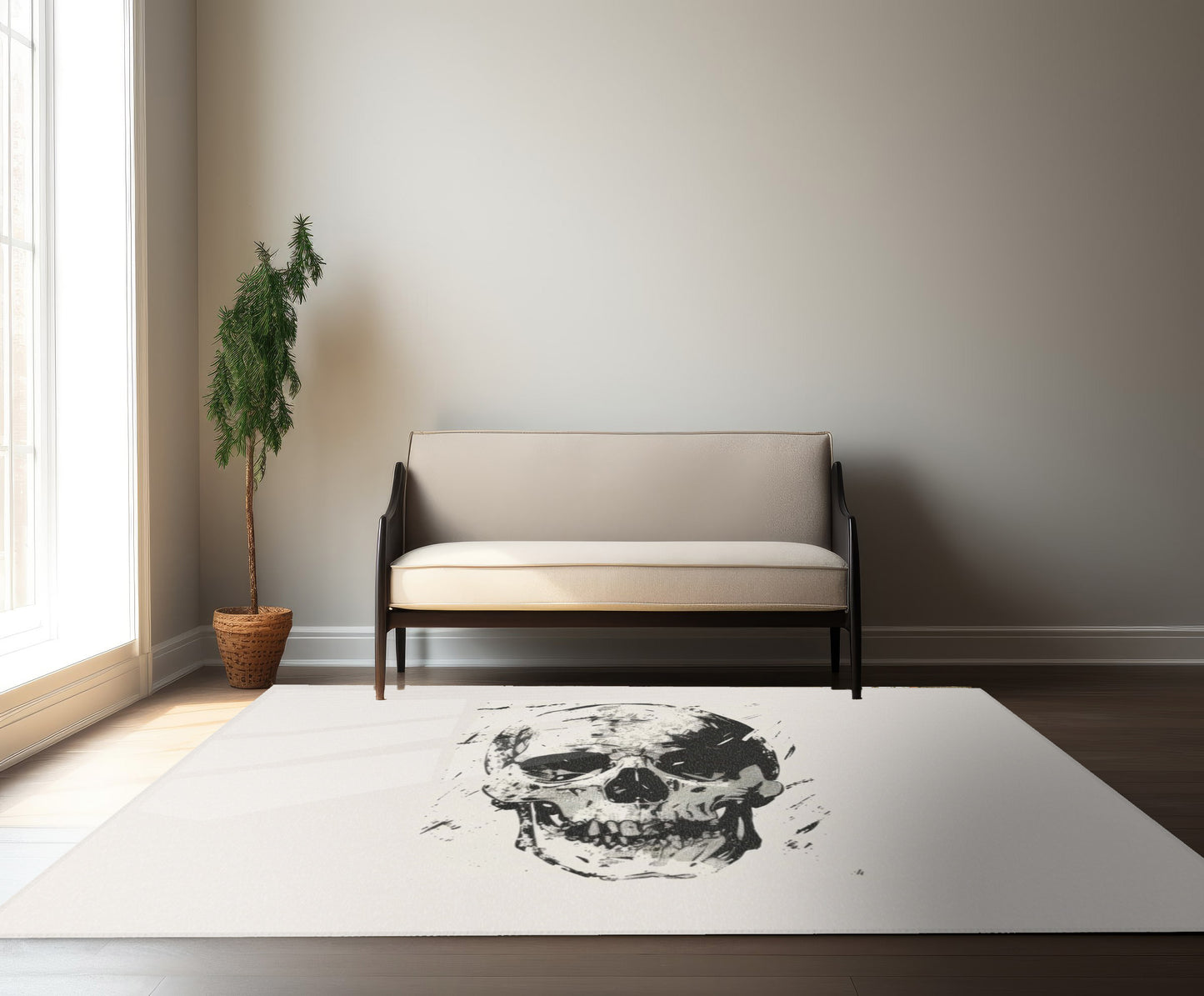 Grunge Skull Print Chenille Area Rug, Monochrome Gothic Art Decor, Stylish Edgy Look for Bedroom, Dorm, or Living Room, Urban Chic Interior