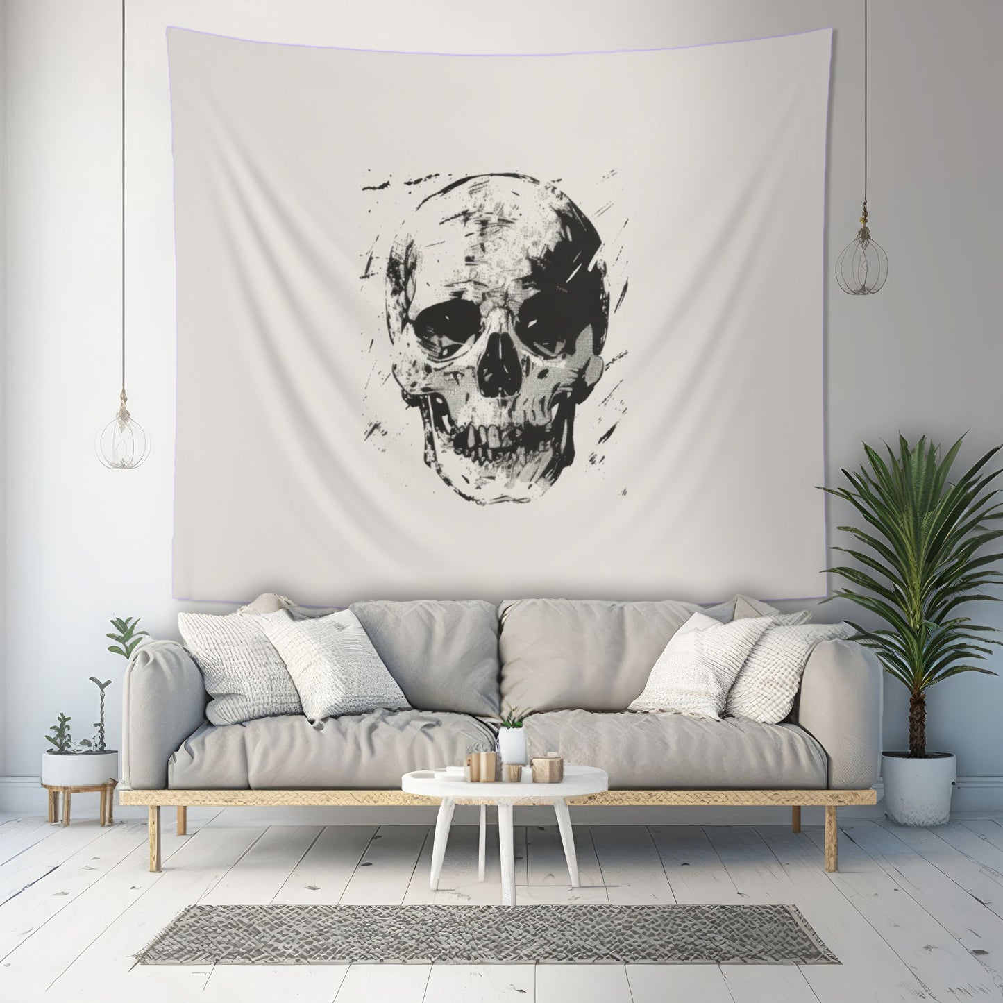 Grunge Skull Print Wall Tapestry, Monochrome Gothic Art Decor, Stylish Edgy Look for Bedroom, Dorm, or Living Room, Urban Chic Interior