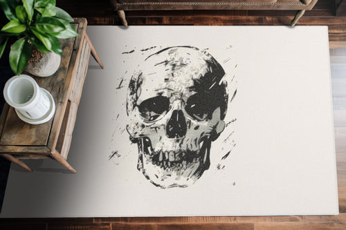 Grunge Skull Print Chenille Area Rug, Monochrome Gothic Art Decor, Stylish Edgy Look for Bedroom, Dorm, or Living Room, Urban Chic Interior