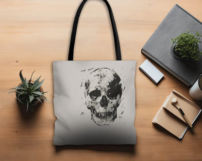 Grunge Skull Print Double Sided Tote Bag (3 Sizes), Monochrome Gothic Art Decor, Stylish Edgy Fashion, Black Handles, Minimalist Cryptic Aesthetic