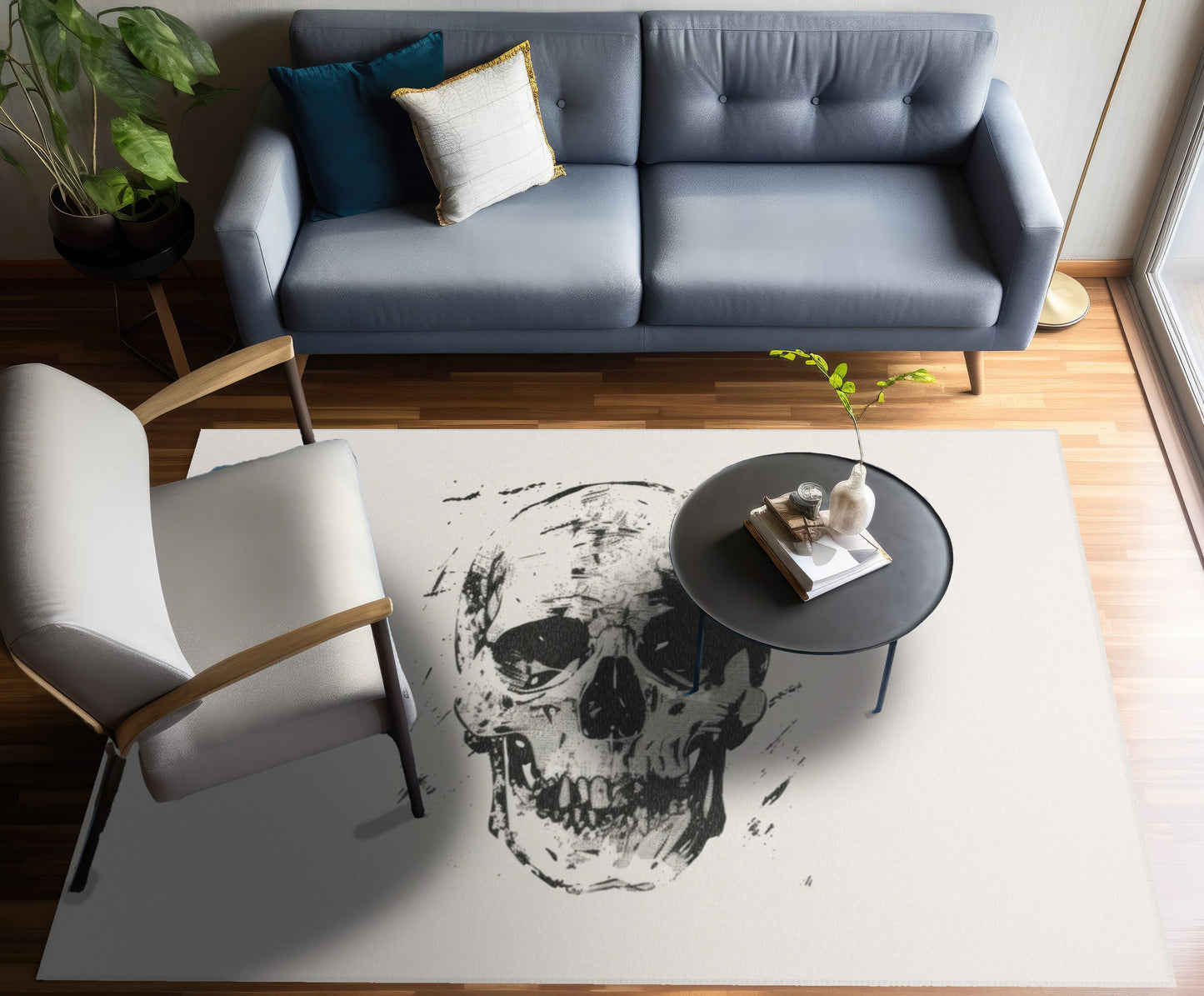 Grunge Skull Print Chenille Area Rug, Monochrome Gothic Art Decor, Stylish Edgy Look for Bedroom, Dorm, or Living Room, Urban Chic Interior