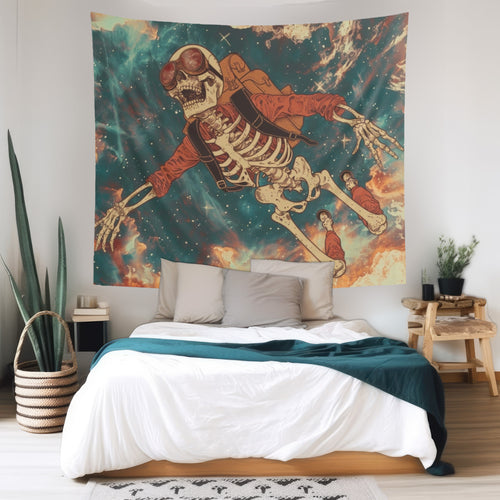 Sky Diving Skeleton Indoor Wall Tapestry, Dark Cottagecore Design, Gothic Street Art Aesthetic Enchanting Bedroom, Living, and Dorm Room Decor