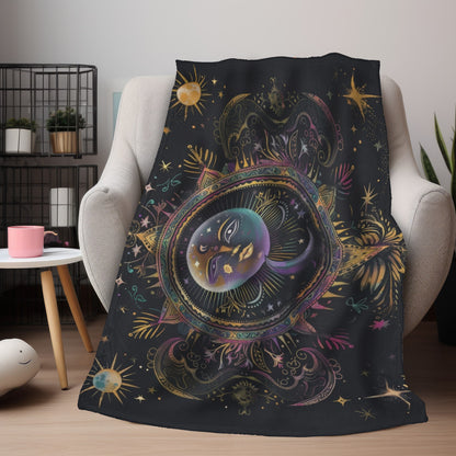 Rainbow Sun Electric Mandala Double Sided Throw Blanket, Sacred Geometry Style Colored Chalk Aesthetic, Mystical Bedroom & Living Room Decor