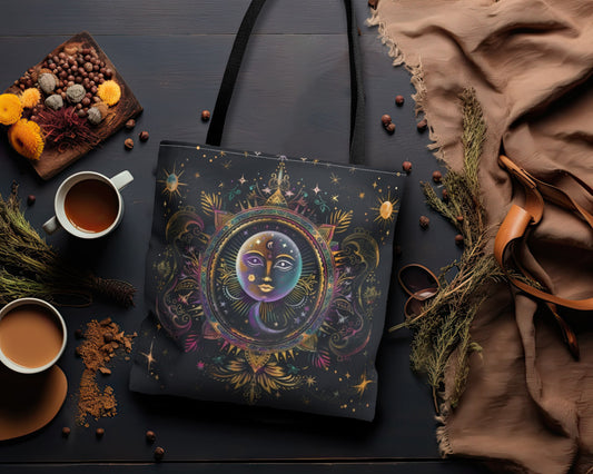 Rainbow Sun Electric Mandala Polyester Tote Bag (Double Sided), Colored Chalk Style, Sacred Geometry Designed Fashion, 3 Sizes, Black Handles