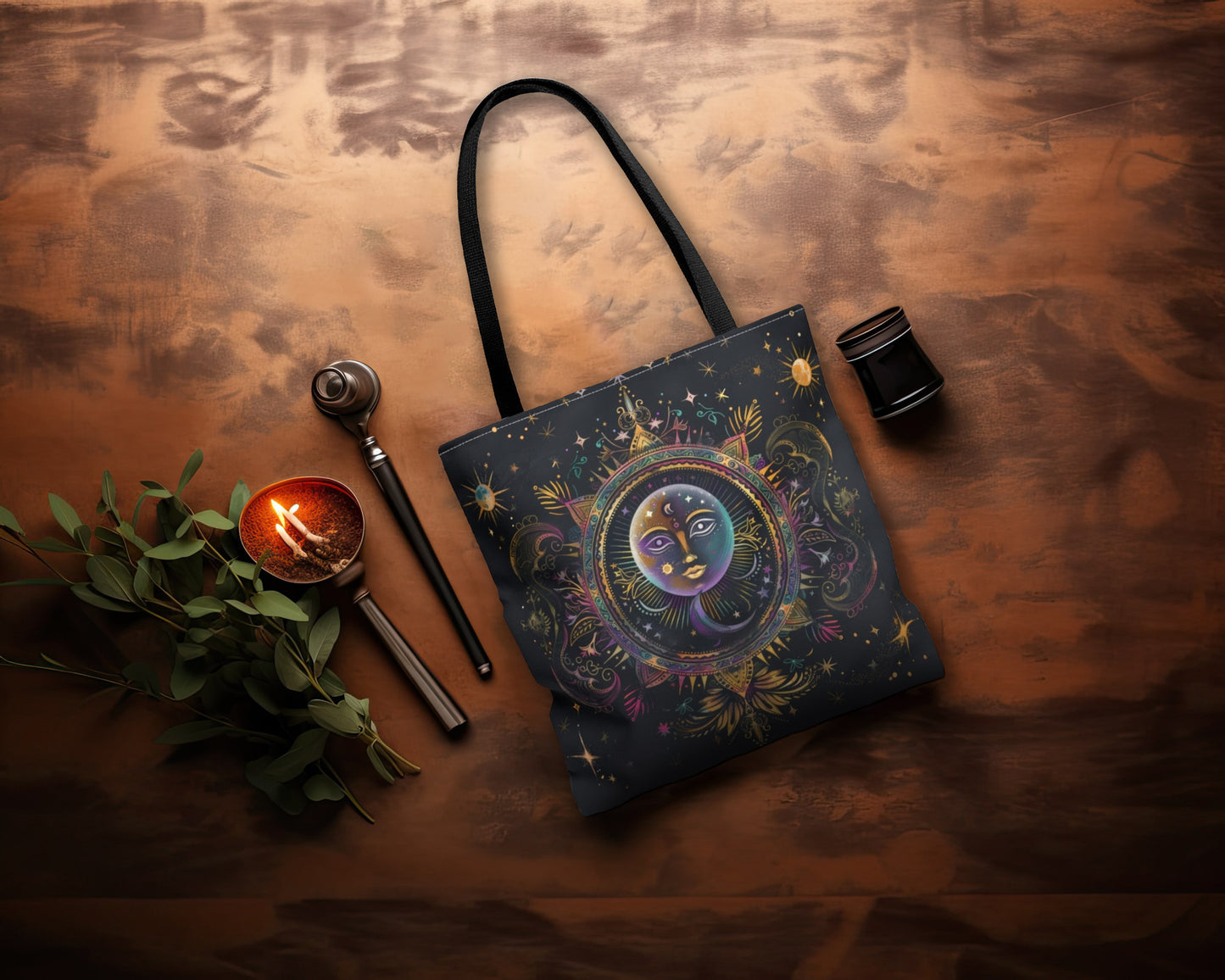 Rainbow Sun Electric Mandala Polyester Tote Bag (Double Sided), Colored Chalk Style, Sacred Geometry Designed Fashion, 3 Sizes, Black Handles