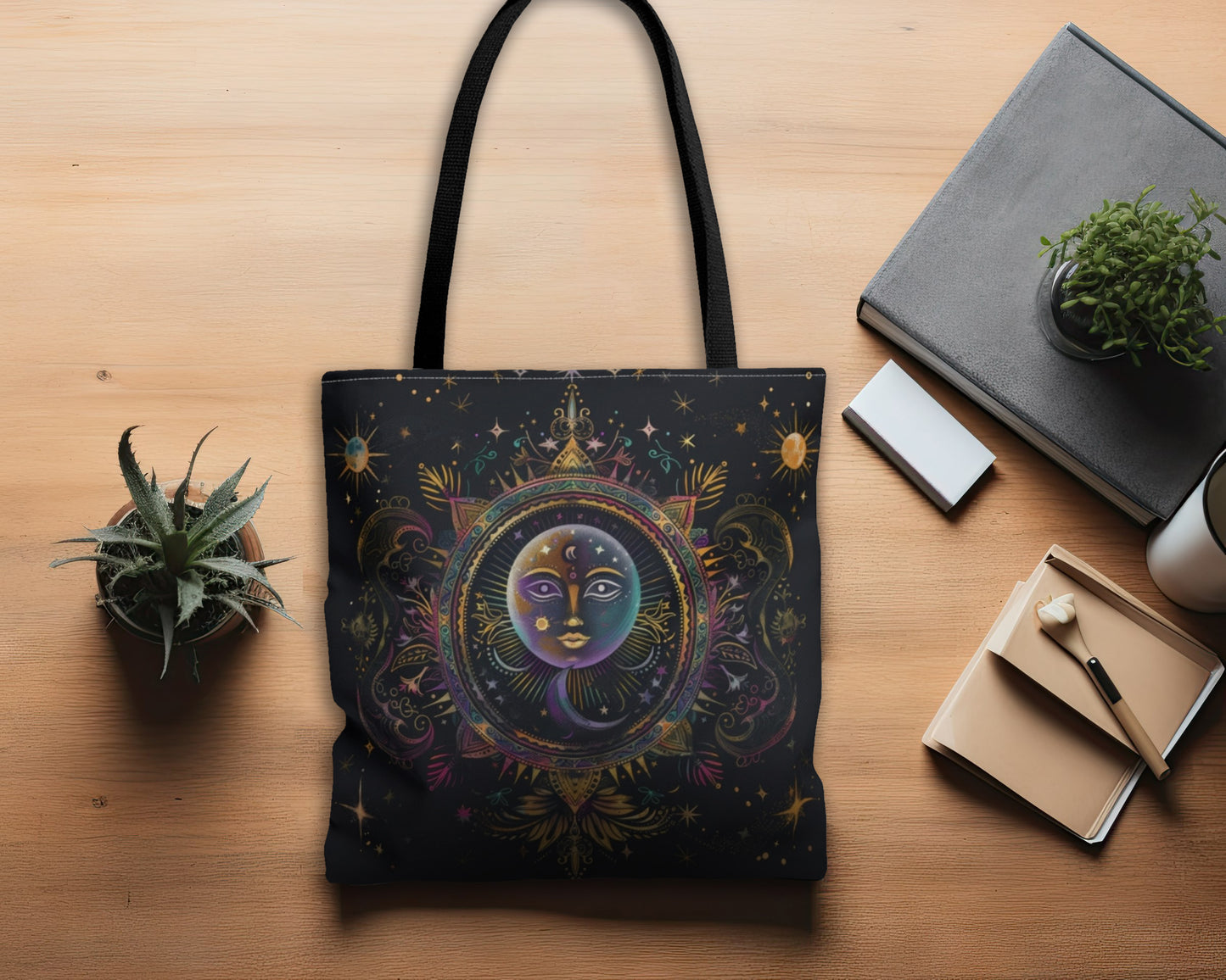 Rainbow Sun Electric Mandala Polyester Tote Bag (Double Sided), Colored Chalk Style, Sacred Geometry Designed Fashion, 3 Sizes, Black Handles