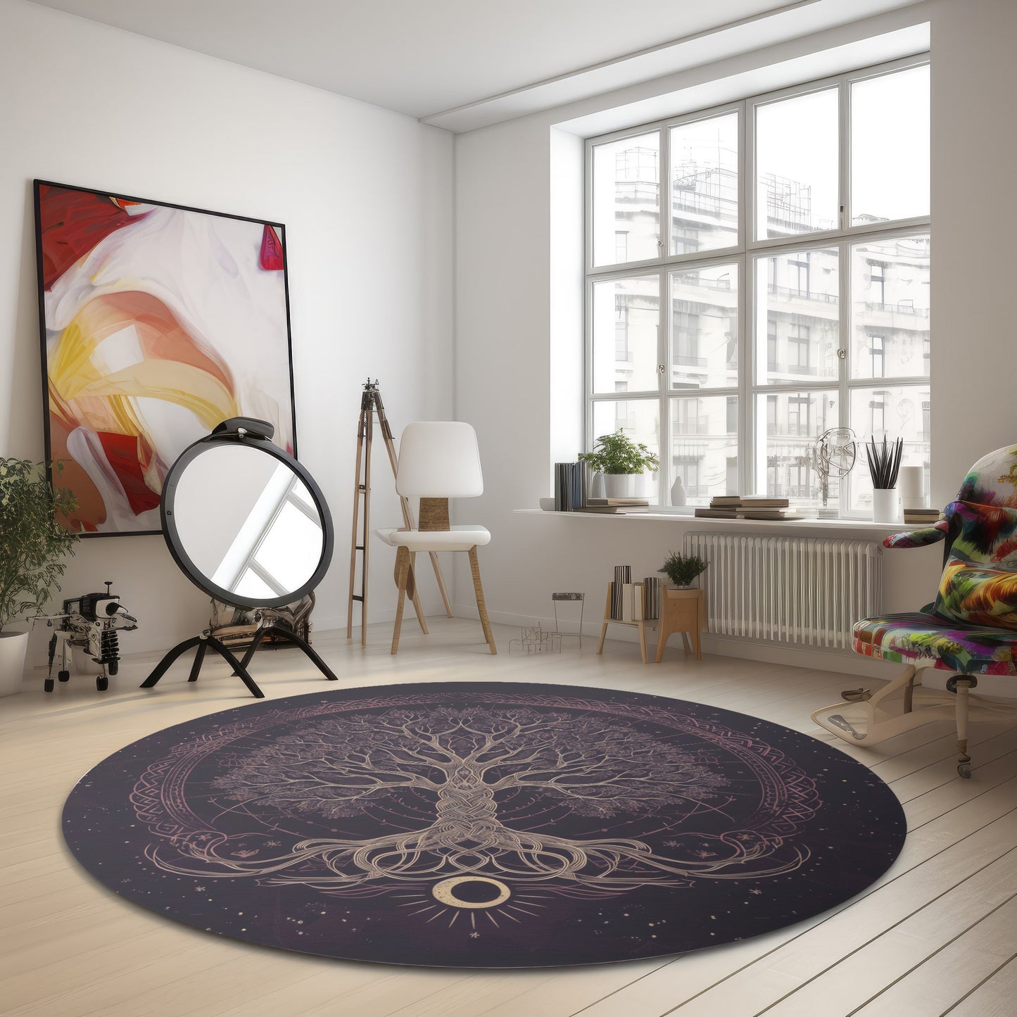 Purple Tree of Life Chenille Round Area Rug, Dark Occult-Inspired Design, Celtic Nature Decor for Home