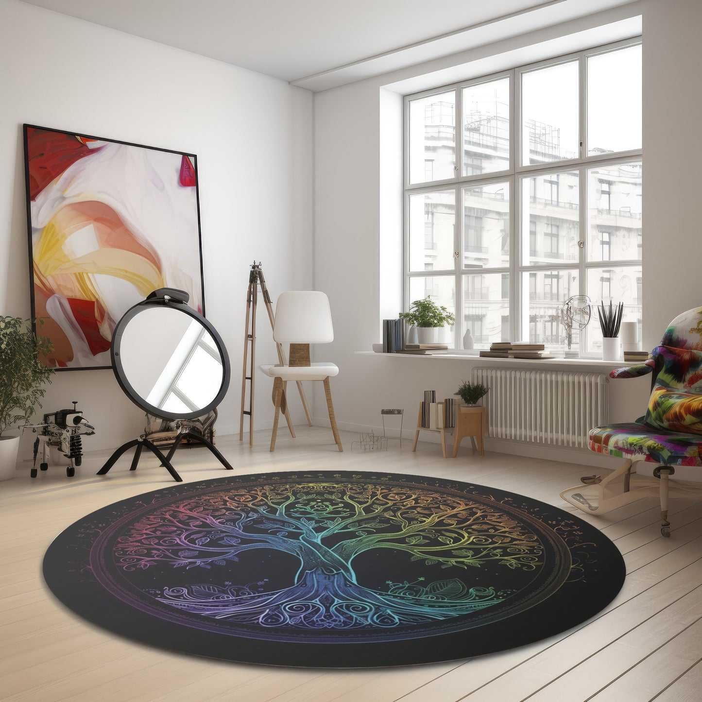 Mystic Arbor Round Chenille Area Rug, Enchanted Tree of Life Motif, Magical Spectrum Design, Folklore Forest Decor, Radiant Nature Art