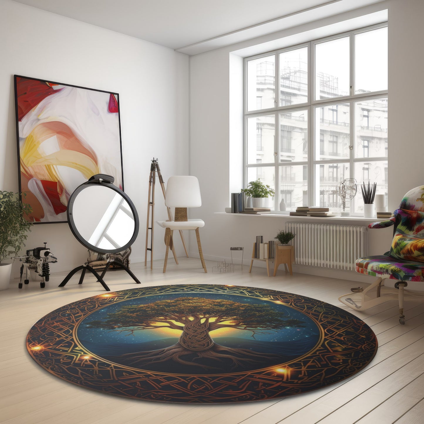 Celtic Tree of Life Mandala Round Chenille Area Rug, Ancient Occult Aesthetic, Folk Nature Style Living, Dorm & Bed Room Decor