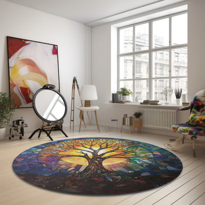 Radiant Tree of Life Stained Glass Design Chenille Round Rug, Enchanting Home Decor, Meditation & Living Space, Nature-Inspired Harmony