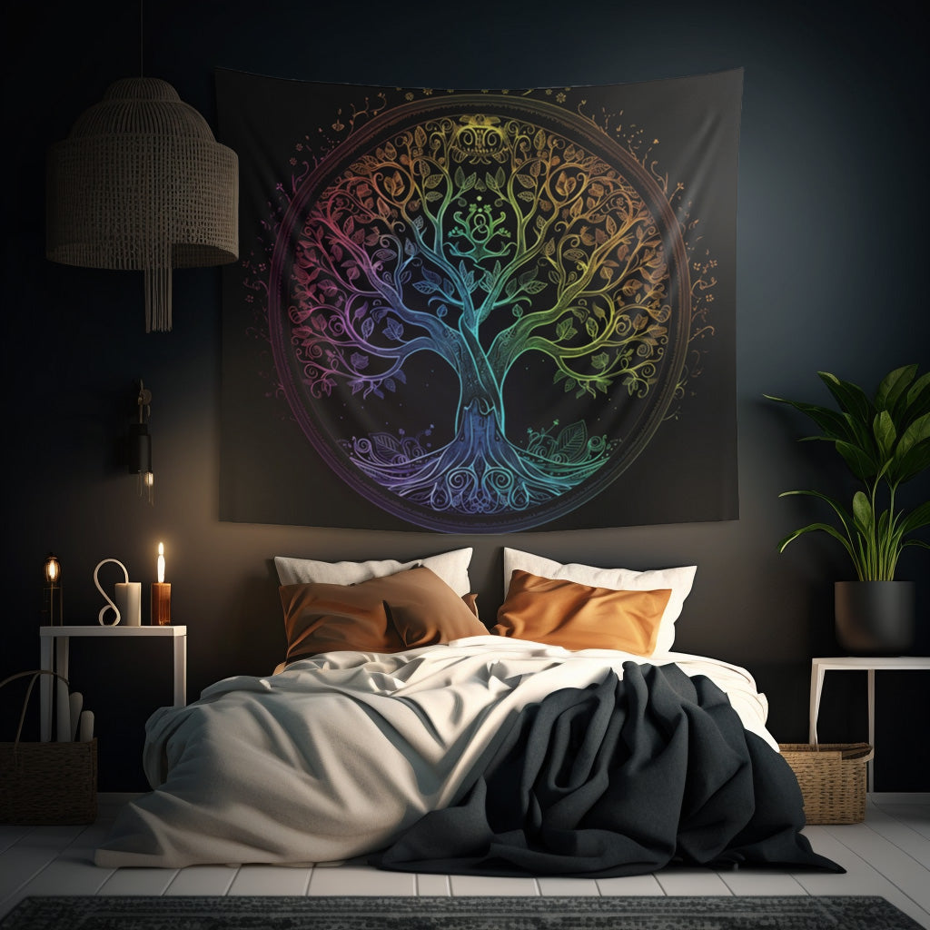 Mystic Arbor Indoor Wall Tapestry, Enchanted Tree of Life Motif, Magical Spectrum Design, Folklore Forest Decor, Radiant Nature Wall Art