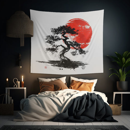 Traditional Chinese Bonsai & Red Sun Wall Tapestry, Elegant Ink Wash Style Art, Serene Zen Decor for Home, Bedroom, Living Space, and Dorms