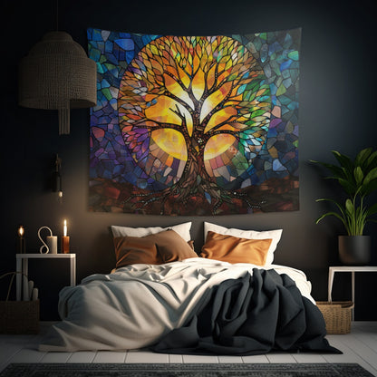 Illuminated Tree of Life Stained Glass Wall Tapestry, Majestic Nature Art, Soulful Decor for Harmonious Living & Meditative Spaces