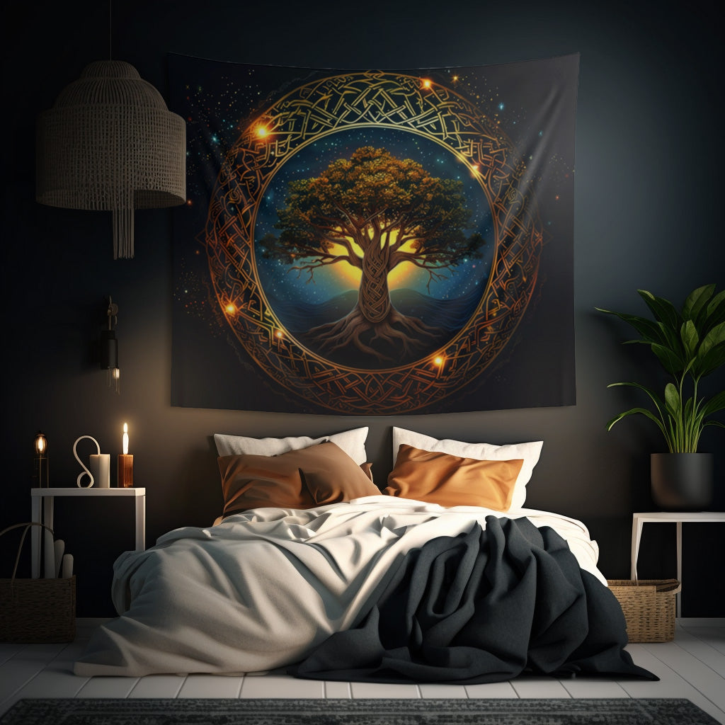 Celtic Tree of Life Mandala Indoor Wall Tapestry, Ancient Occult Aesthetic Altar Cloth, Folk Nature Style Living, Dorm & Bed Room Decor