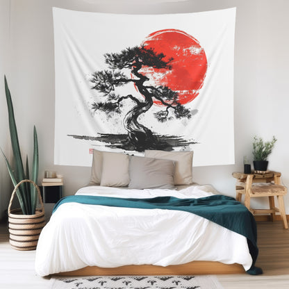 Traditional Chinese Bonsai & Red Sun Wall Tapestry, Elegant Ink Wash Style Art, Serene Zen Decor for Home, Bedroom, Living Space, and Dorms