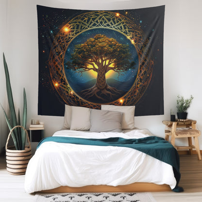 Celtic Tree of Life Mandala Indoor Wall Tapestry, Ancient Occult Aesthetic Altar Cloth, Folk Nature Style Living, Dorm & Bed Room Decor