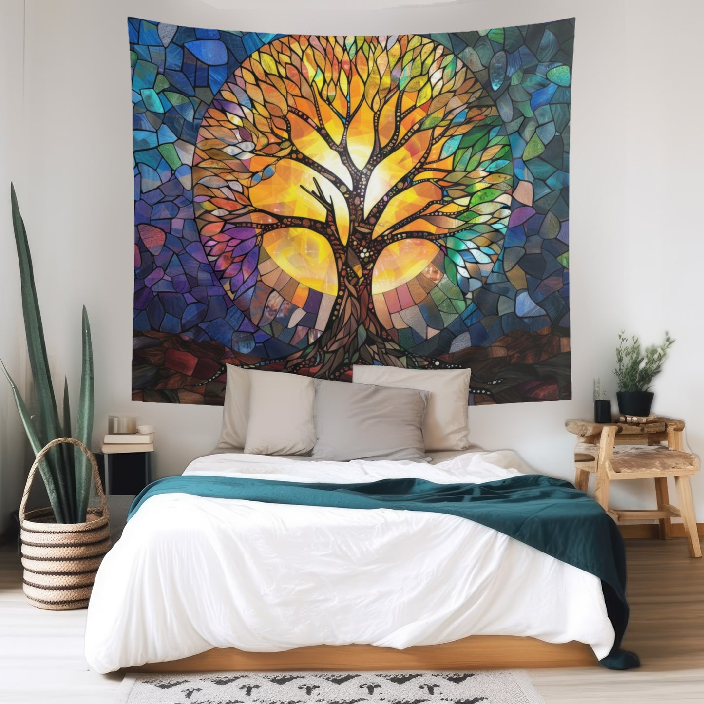 Illuminated Tree of Life Stained Glass Wall Tapestry, Majestic Nature Art, Soulful Decor for Harmonious Living & Meditative Spaces