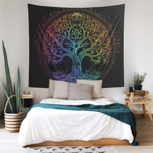 Mystic Arbor Indoor Wall Tapestry, Enchanted Tree of Life Motif, Magical Spectrum Design, Folklore Forest Decor, Radiant Nature Wall Art