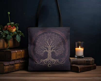 Mystic Purple Tree of Life Mandala Tote Bag – Dark Occult and Nature-Inspired Fashion, with Black Handles