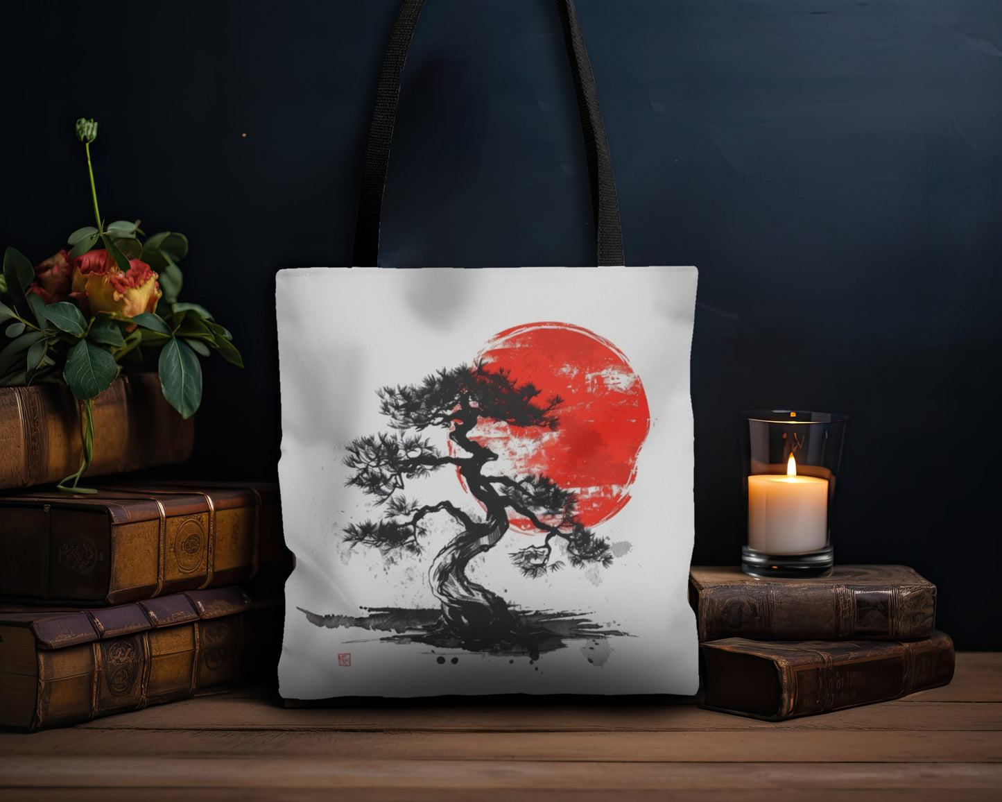 Traditional Chinese Bonsai & Red Sun Tote Bag (3 Sizes), Elegant Ink Wash Style Art, Serene Zen Fashion Style, Black Handles, Minimalist Aesthetic