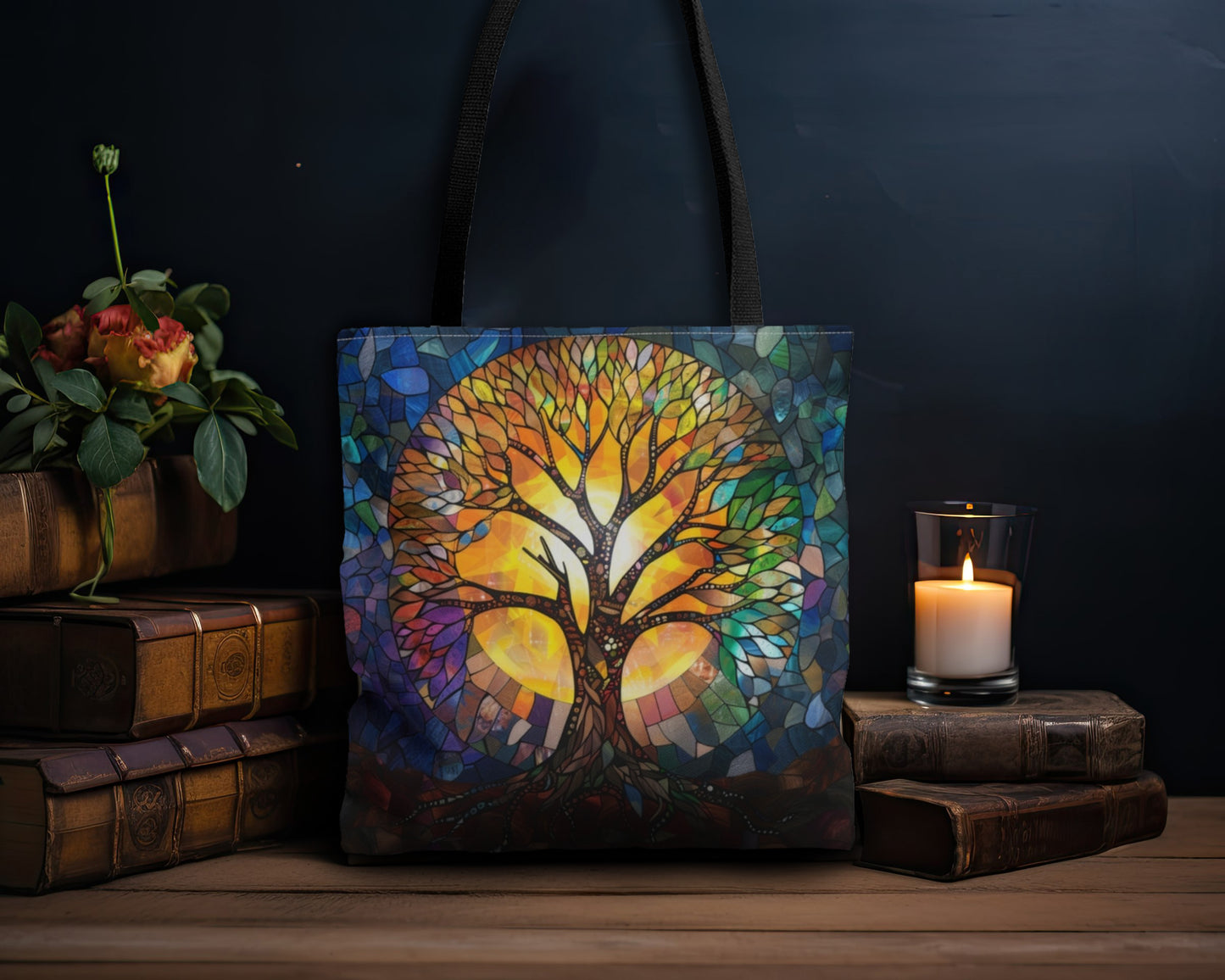 Tree of Life Stained Glass Art Tote Bag with Black Handles, Enchanting Nature Design, Multipurpose Bag for Everyday Elegance & Shopping