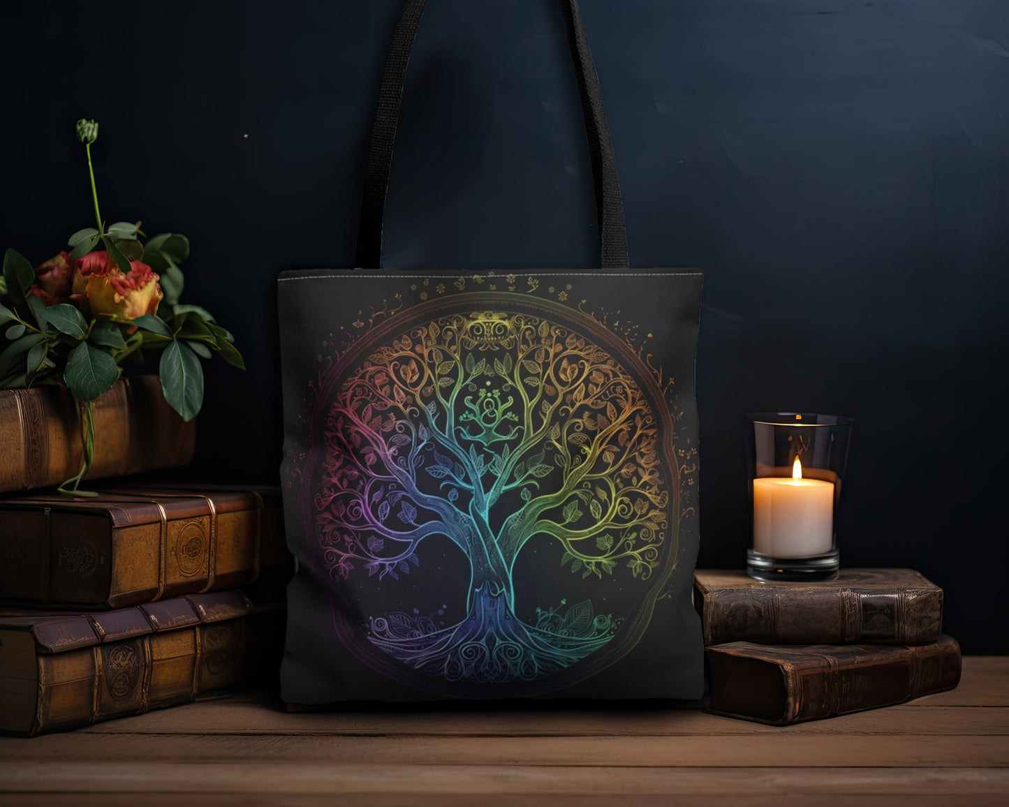 Mystic Arbor Double-Sided Tote Bag, Enchanted Tree of Life Motif, Magical Spectrum Design, Folklore Forest Decor, Radiant Nature Accessory