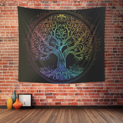 Mystic Arbor Indoor Wall Tapestry, Enchanted Tree of Life Motif, Magical Spectrum Design, Folklore Forest Decor, Radiant Nature Wall Art