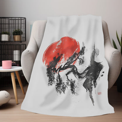 Traditional Chinese Bonsai & Red Sun 2-Sided Throw Blanket, Elegant Ink Wash Style Art, Serene Zen Decor for Home, Bedroom, Living Space, and Dorms