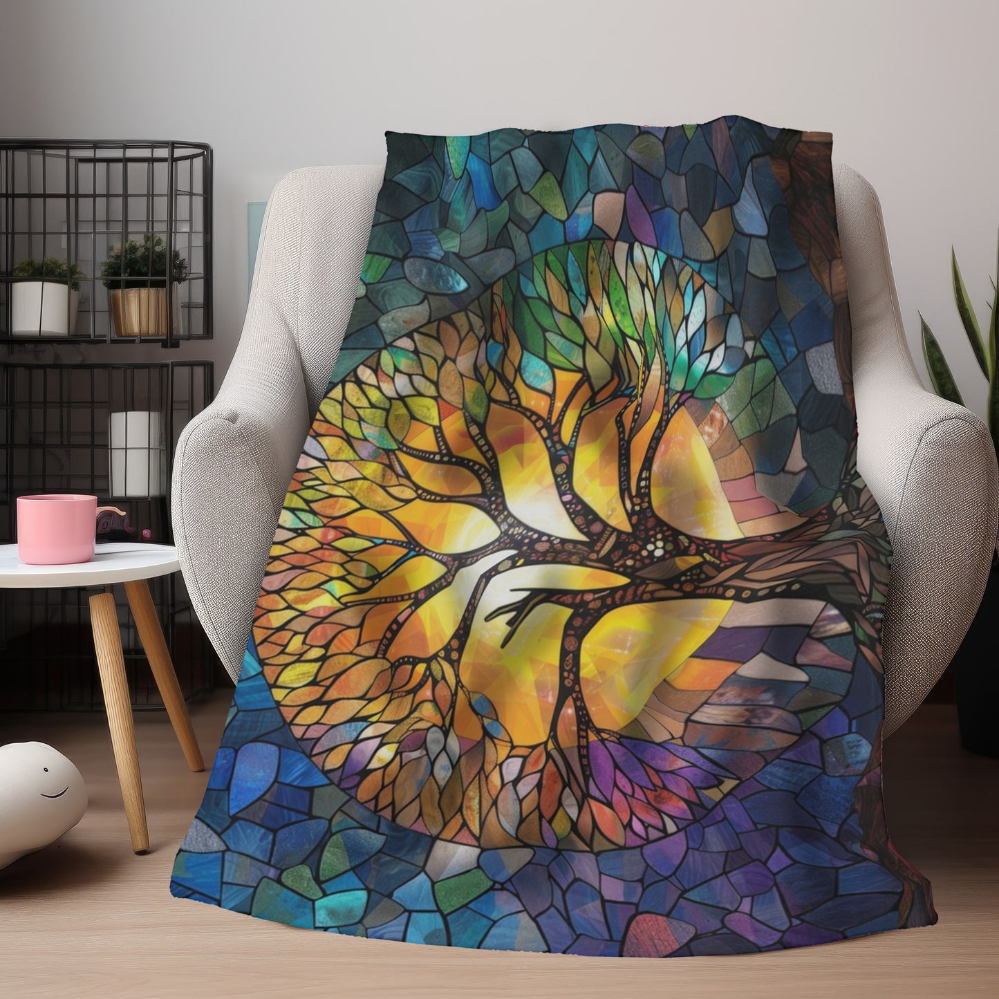 Tree of Life Stained Glass Double-Sided Throw Blanket, Vivid Nature Tapestry, Cozy Decorative Comfort for Home & Serene Retreat Spaces