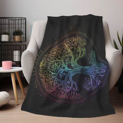 Mystic Arbor Double-Sided Throw Blanket, Enchanted Tree of Life Motif, Magical Spectrum Design, Folklore Forest Decor, Radiant Nature Art