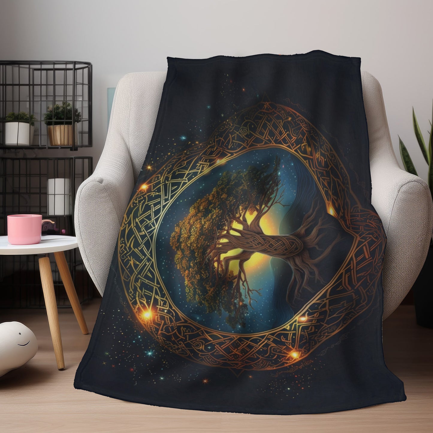 Celtic Tree of Life Mandala Double Sided Throw Blanket, Ancient Occult Aesthetic, Folk Nature Style Living, Dorm & Bed Room Decor