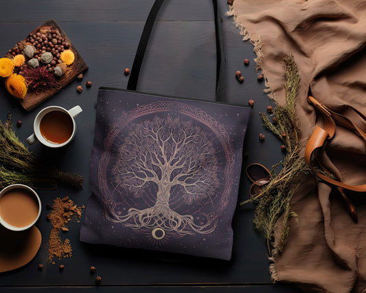 Mystic Purple Tree of Life Mandala Tote Bag – Dark Occult and Nature-Inspired Fashion, with Black Handles