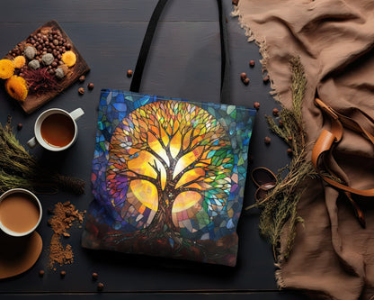 Tree of Life Stained Glass Art Tote Bag with Black Handles, Enchanting Nature Design, Multipurpose Bag for Everyday Elegance & Shopping