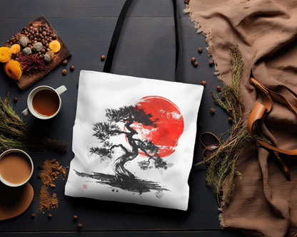 Traditional Chinese Bonsai & Red Sun Tote Bag (3 Sizes), Elegant Ink Wash Style Art, Serene Zen Fashion Style, Black Handles, Minimalist Aesthetic