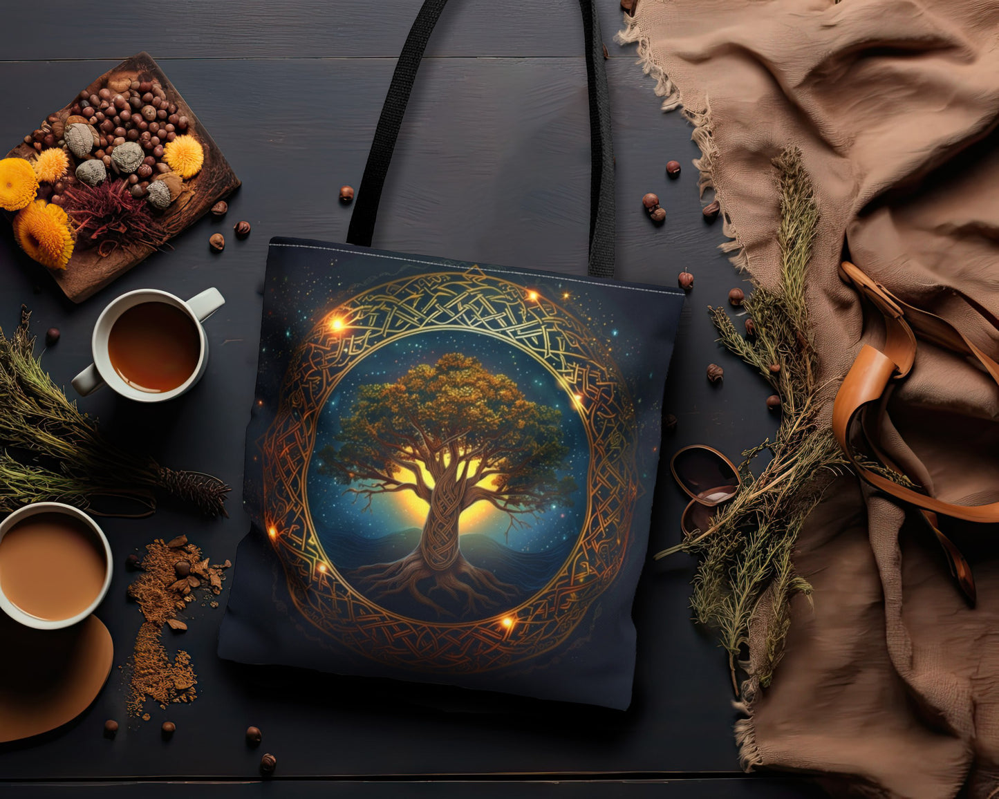 Celtic Tree of Life Mandala Double Sided Tote Bag, Ancient Occult Aesthetic, Folk Nature Fashion Style, 3 Sizes, Black Handles