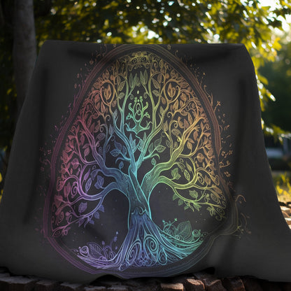 Mystic Arbor Double-Sided Throw Blanket, Enchanted Tree of Life Motif, Magical Spectrum Design, Folklore Forest Decor, Radiant Nature Art