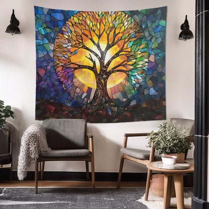 Illuminated Tree of Life Stained Glass Wall Tapestry, Majestic Nature Art, Soulful Decor for Harmonious Living & Meditative Spaces